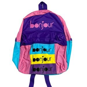 Vintage 90s Bonjour Backpack Purple Pink Blue Yellow Color Block School Bag Kids